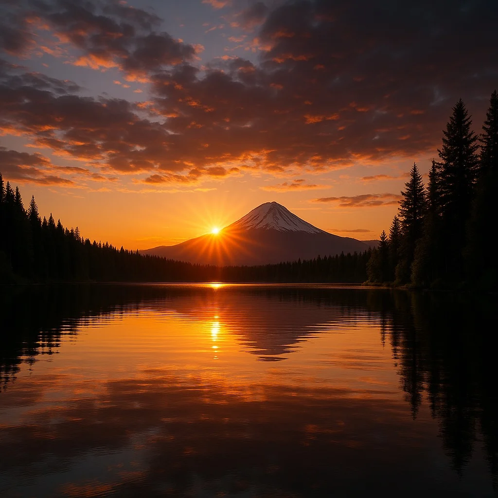 Sunrise behind a mountain reflected in a forest lake